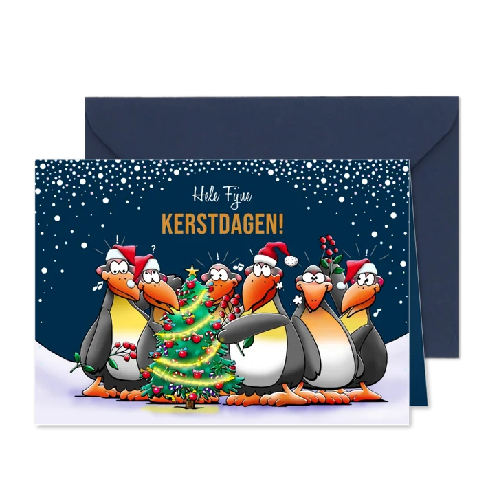 Kerstkaart met pinguïns, die je hele fijne feestdagen wensen