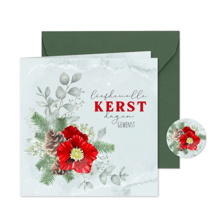 Kerstkaart met rode kerstroos en eucalyptus