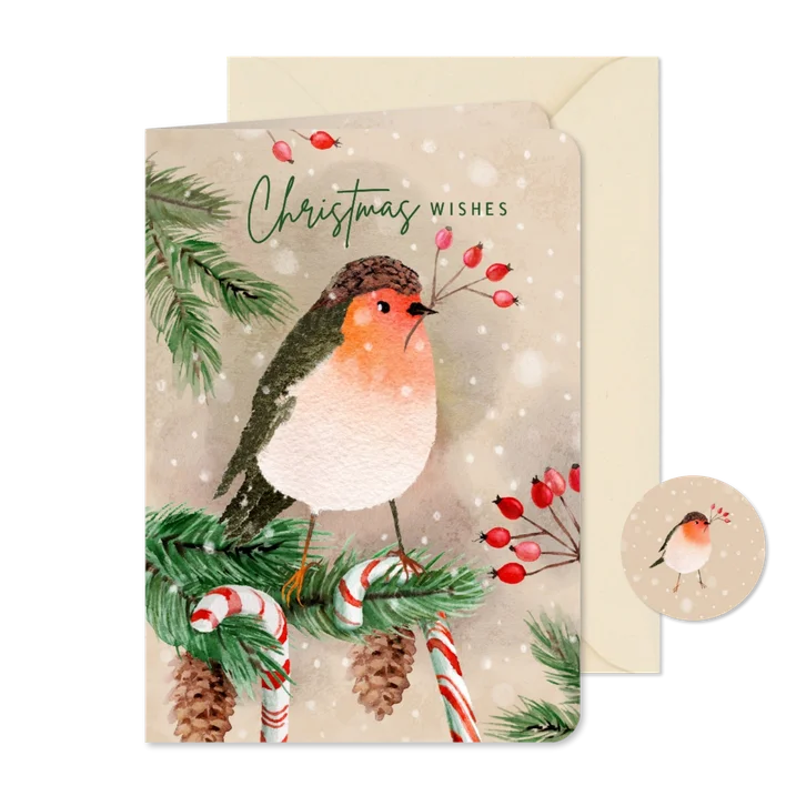 Kerstkaart met roodborst en zuurstokken