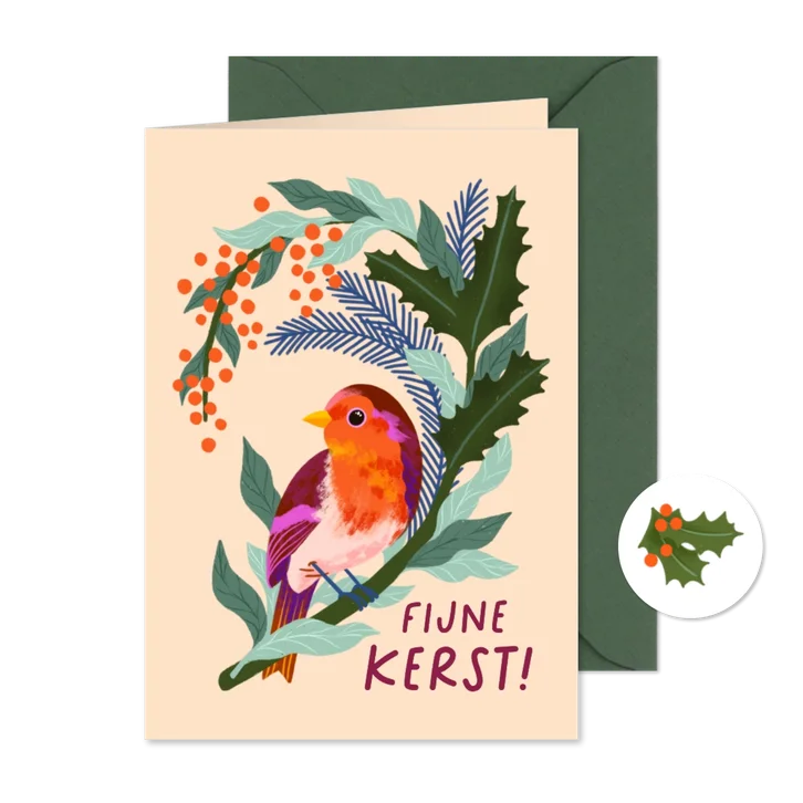 Kerstkaart met roodborstje op kersttak