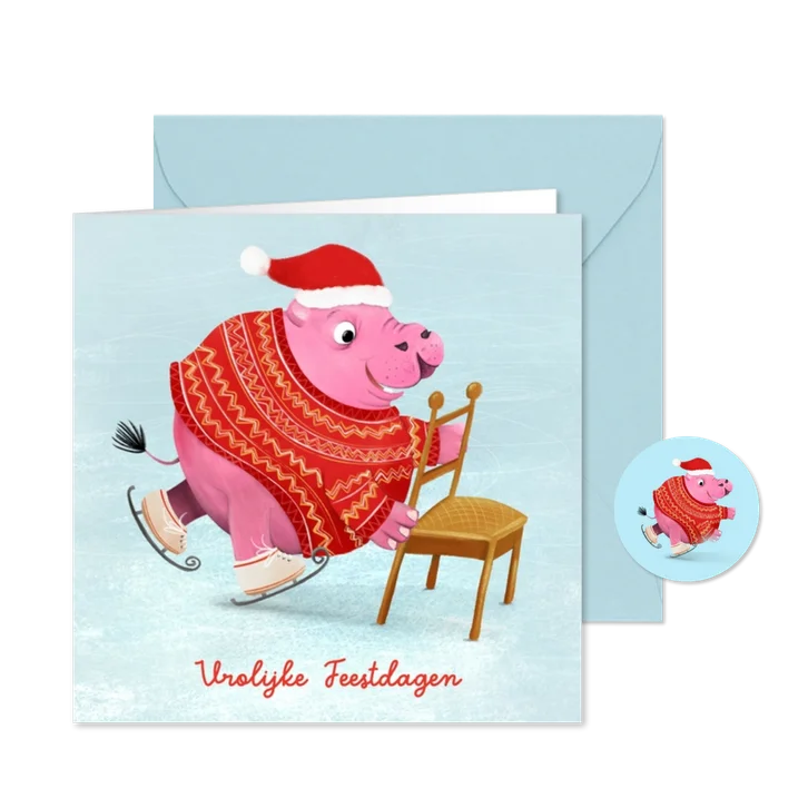 Kerstkaart met schaatsend nijlpaard