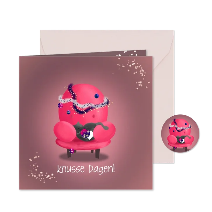 Kerstkaart met slapende kat en kerstversiering