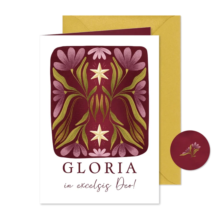 Kerstkaart met sterren en bloemen en christelijke tekst