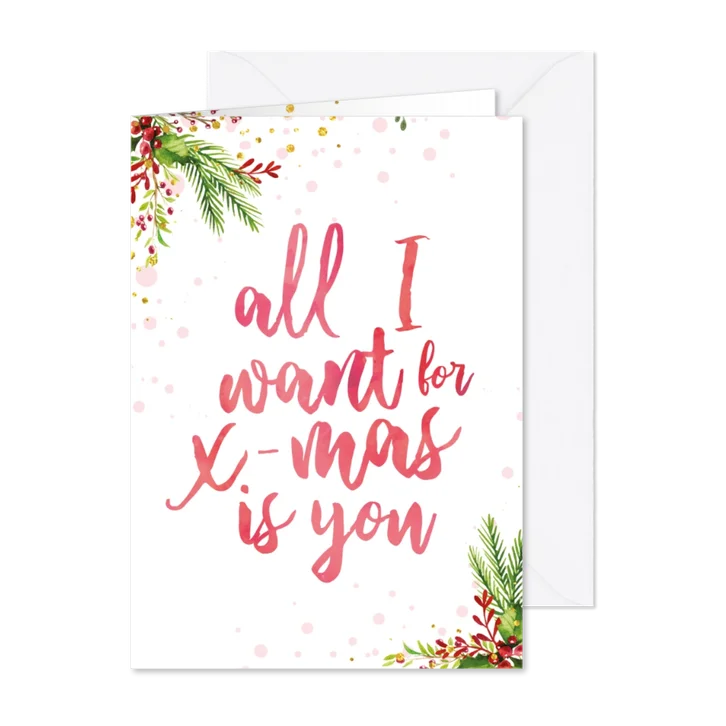 Kerstkaart met tekst 'all i want for christmas is you'