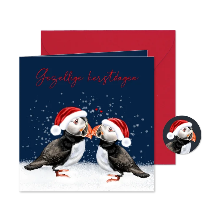 Kerstkaart met twee papegaaiduikers