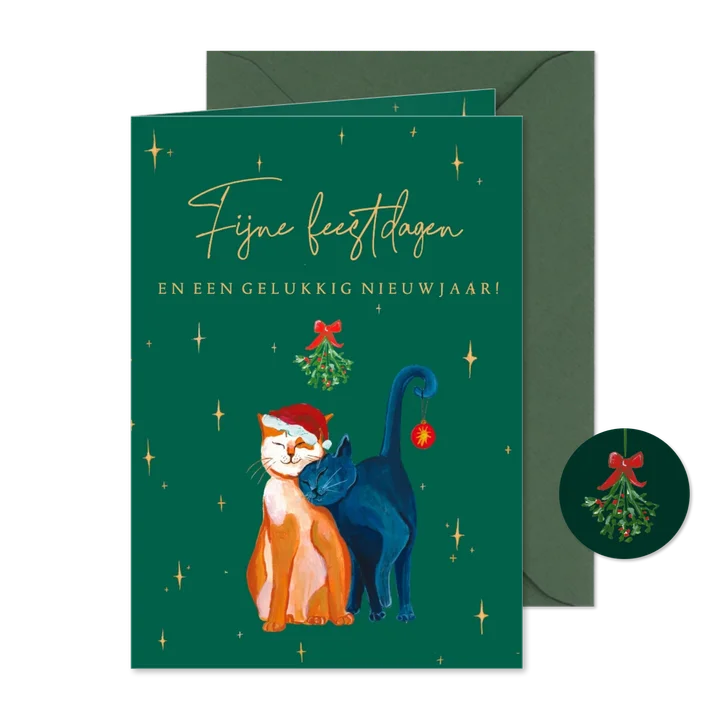 Kerstkaart met twee poezen en sterren