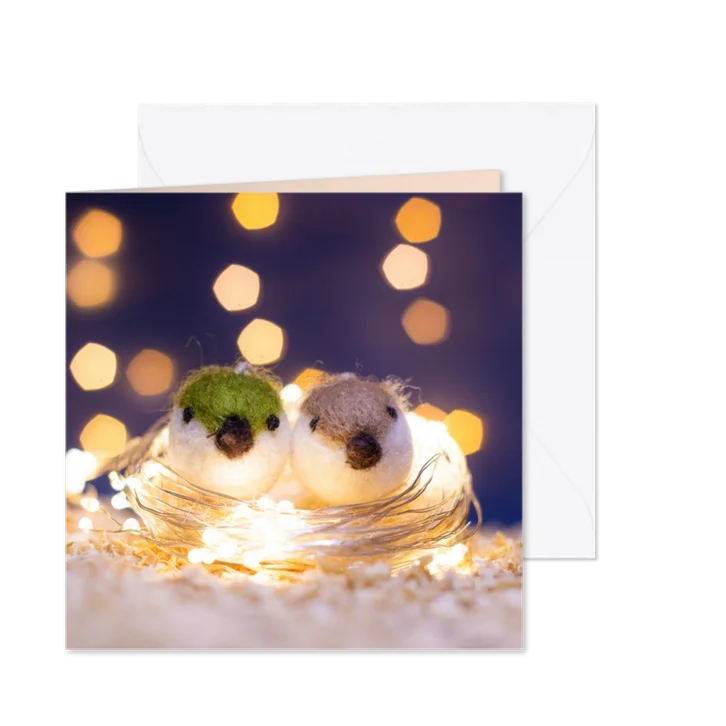 Kerstkaart met twee vogels op een nest