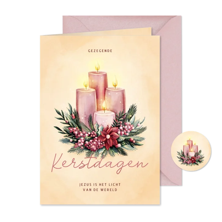 Kerstkaart met vier adventskaarsen en kerstkrans