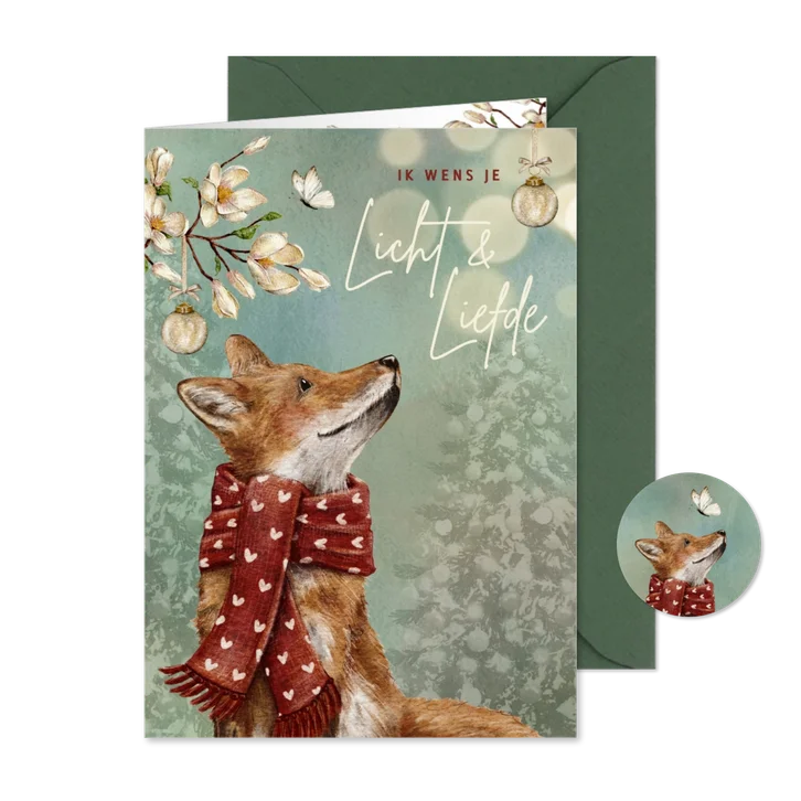 Kerstkaart met vos en vlinder bij moeilijke tijd