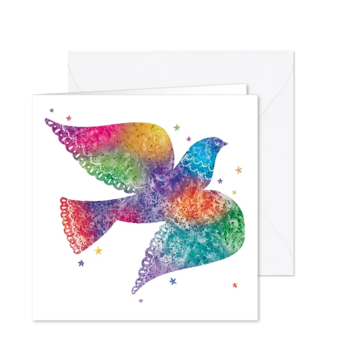 Kerstkaart met Vredesduif in vele kleuren.