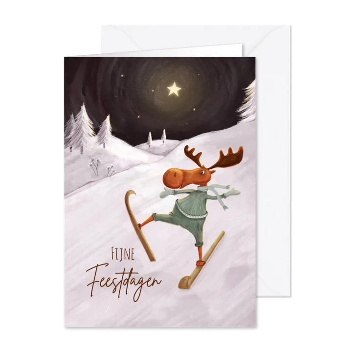 Kerstkaart met vrolijk skiënde eland