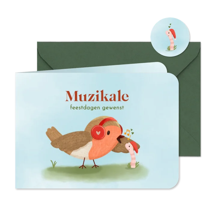 Kerstkaart met vrolijke illustratie van zingend roodborstje