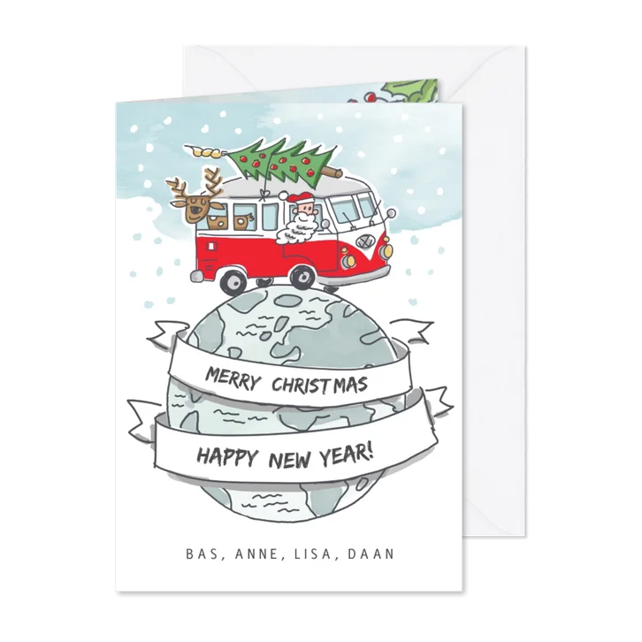 Kerstkaart met vw busje rijdend over de wereldbol