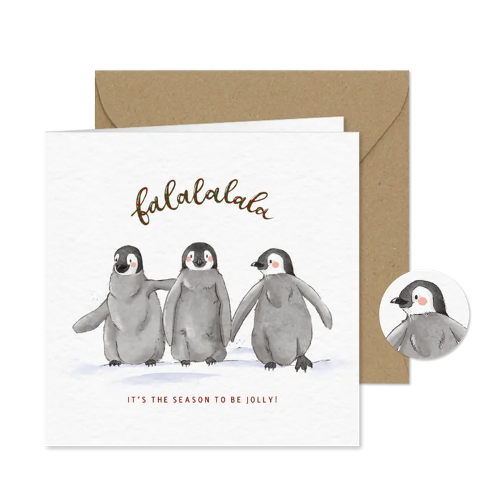 Kerstkaart met waterverf illustratie van drie pinguïns