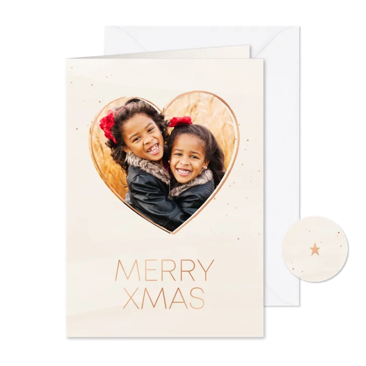 Kerstkaart minimalistisch beige en koper met foto