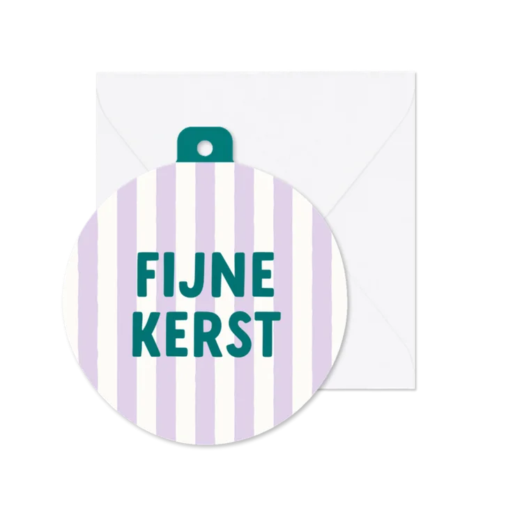 Kerstkaart minimalistisch kerstbalvorm gestreept paars groen