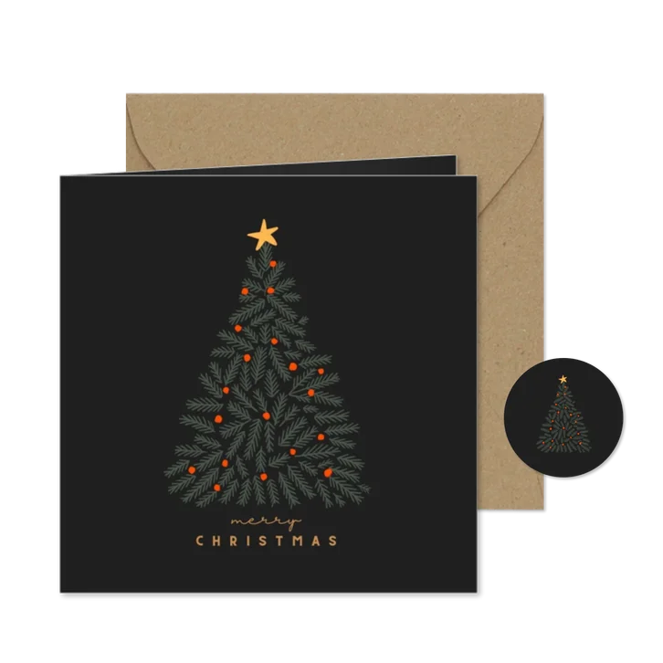 Kerstkaart minimalistische kersttakken oranje ballen donker