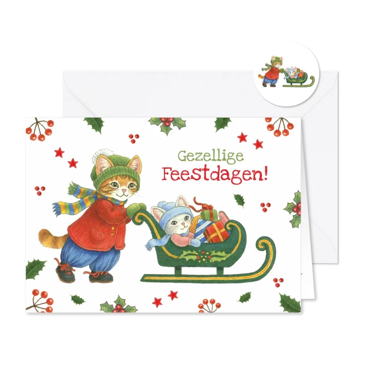 Kerstkaart Molly duwt de kerstslee