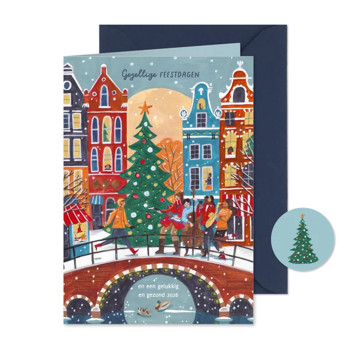 Kerstkaart muziek in de stad Amsterdam in de sneeuw