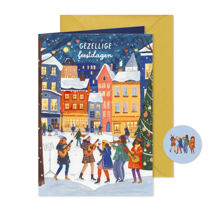 Kerstkaart muziek in de stad in de sneeuw