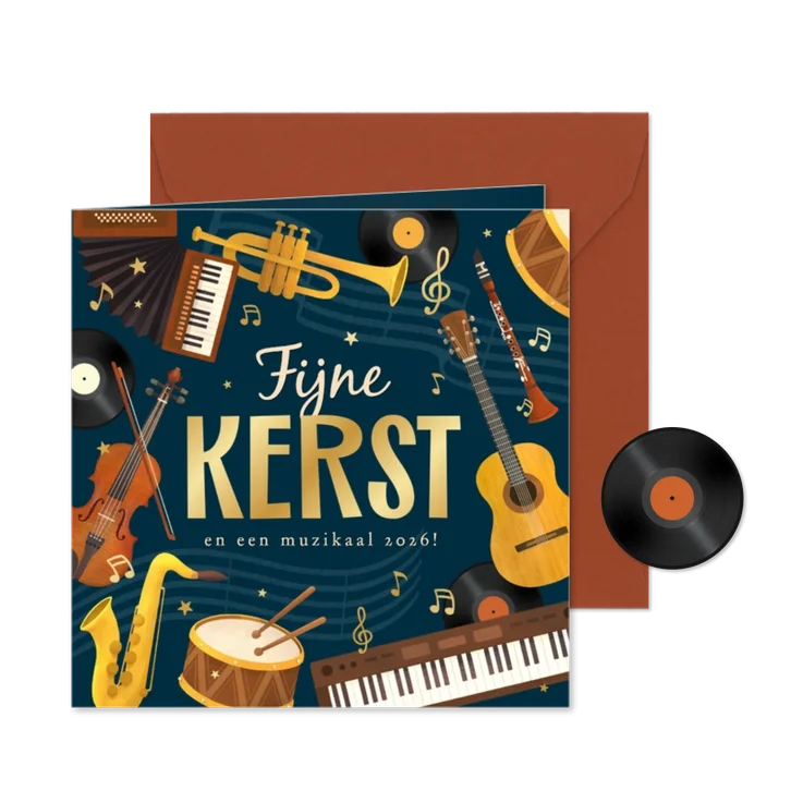 Kerstkaart muziek instrumenten kerst 2026 sterren