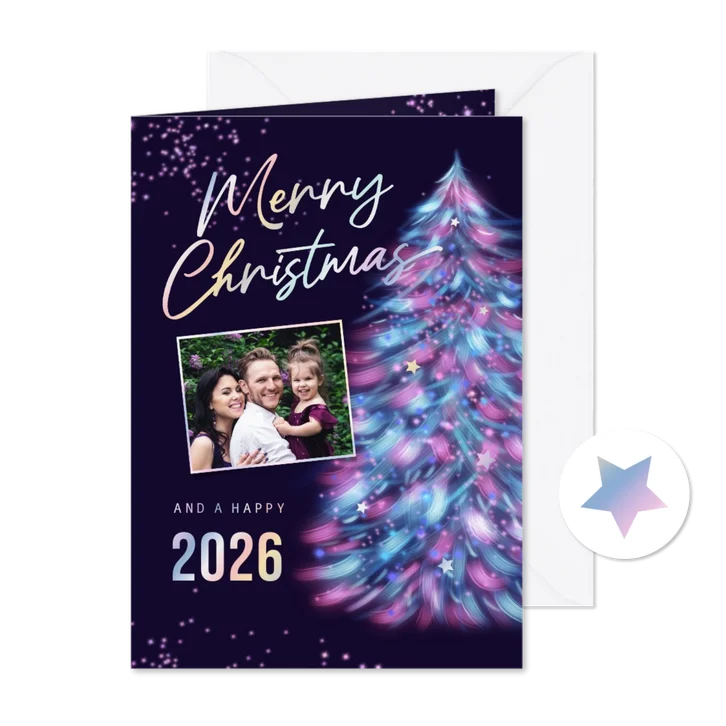 Kerstkaart neon holografisch kerstboom sterren foto