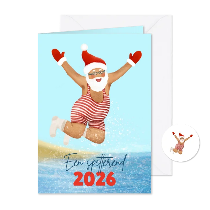 Kerstkaart 'Nieuwjaarsduik' met Kerstman