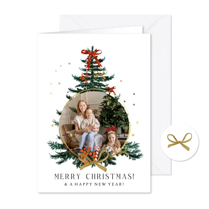 Kerstkaart nostalgisch kerstboom strikken goud sterren