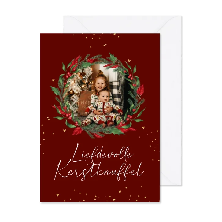 Kerstkaart nostalgisch krans met foto