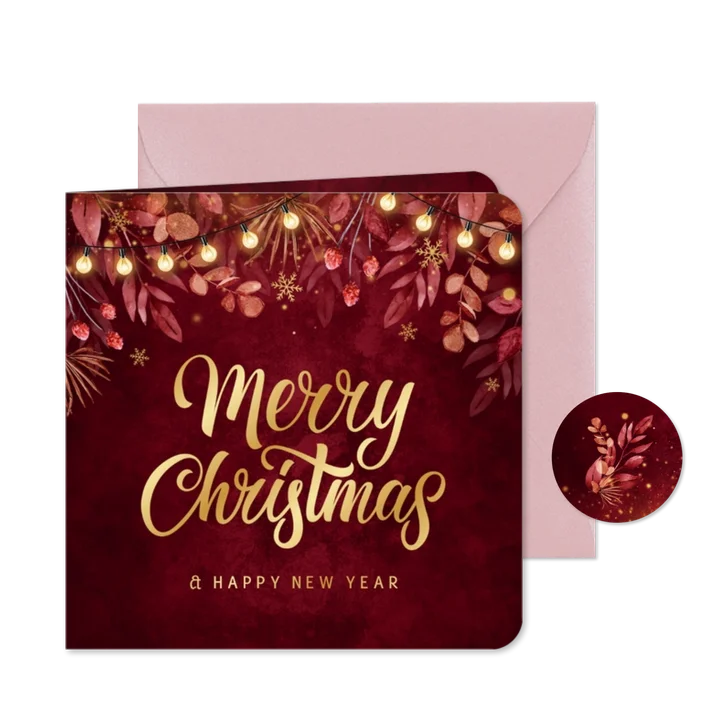 Kerstkaart nostalgisch rood lampjes takjes goud sneeuw