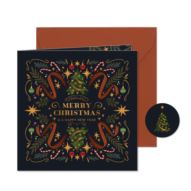 Kerstkaart nostalgische kerstornamenten vierkant