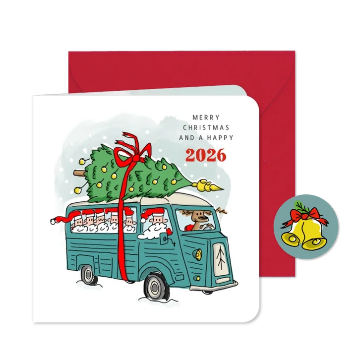 Kerstkaart oldtimer bus met kerstmannen en kerstboom