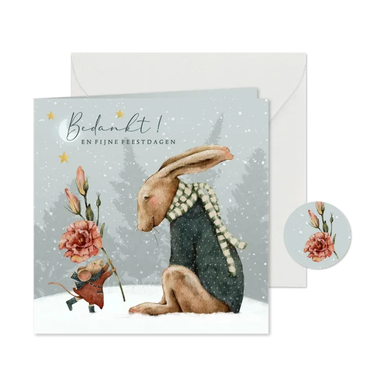 Kerstkaart om te bedanken met lieve illustratie haas en muis