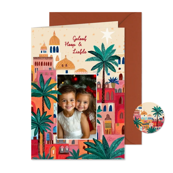 Kerstkaart oriëntaalse stad bethlehem en ster