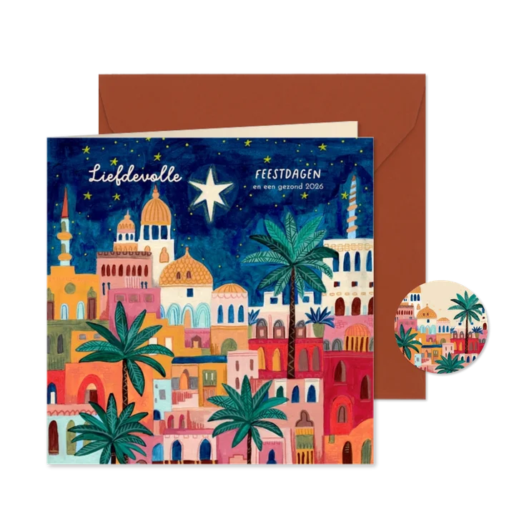 Kerstkaart oriëntaalse stad bethlehem en sterren hemel