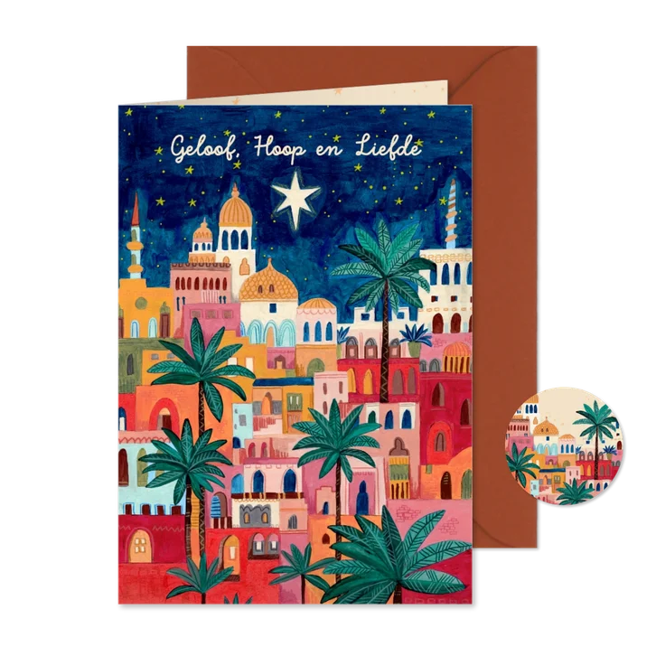 Kerstkaart oriëntaalse stad bethlehem onder sterren hemel