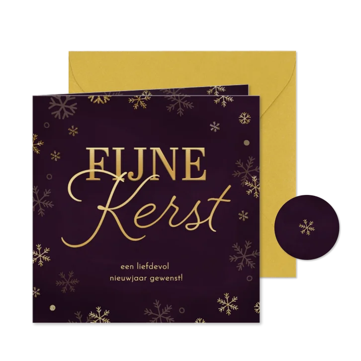 Kerstkaart paars gouden sneeuwvlokjes fijne kerst
