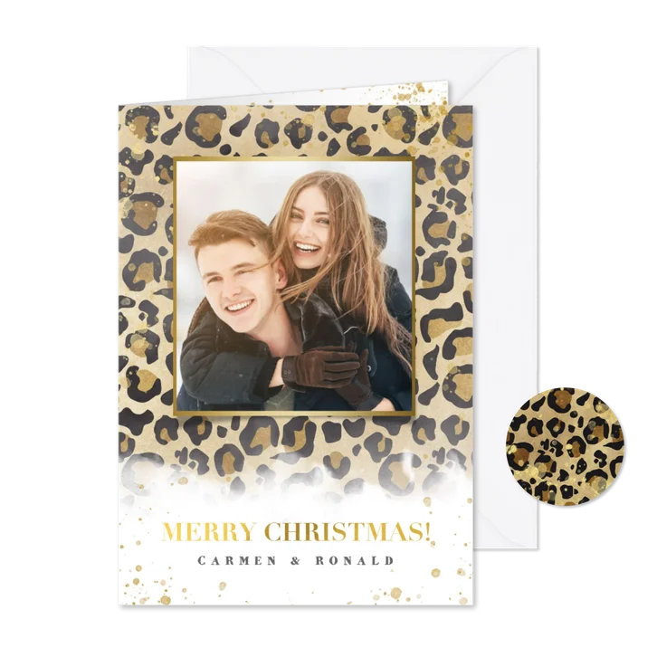 Kerstkaart panterprint, gouden spetters en Merry Christmas