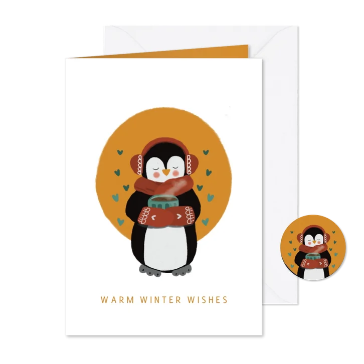 Kerstkaart pinguïn illustratie warm winter wishes