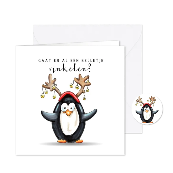 Kerstkaart pinguïn met belletjes