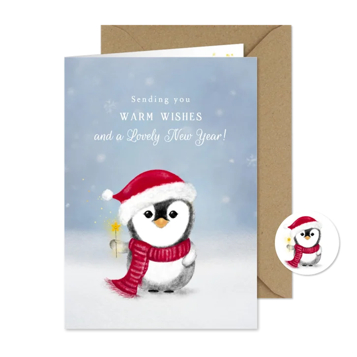 Kerstkaart Pinguïn – Warm Winter Wishes – Winterkaart