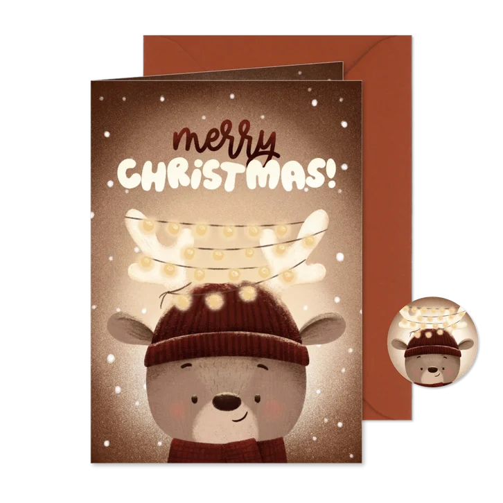 Kerstkaart rendier kerstlampjes sneeuw Merry Christmas