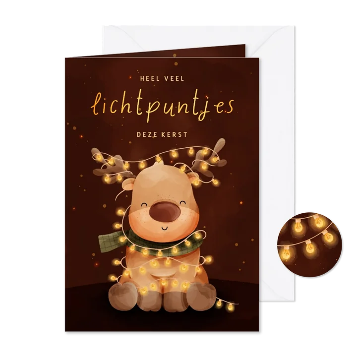 Kerstkaart rendier met lampjes lichtpuntjes voor jou
