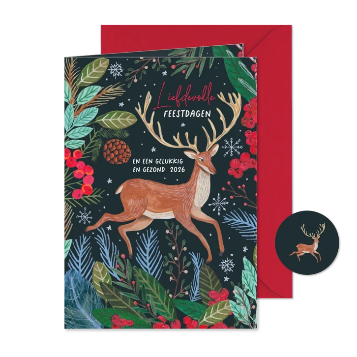 Kerstkaart Rendier met sneeuwvlokken en rode bessen