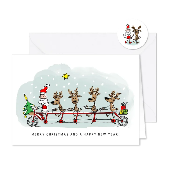 Kerstkaart rendieren en kerstman samen op een tandem