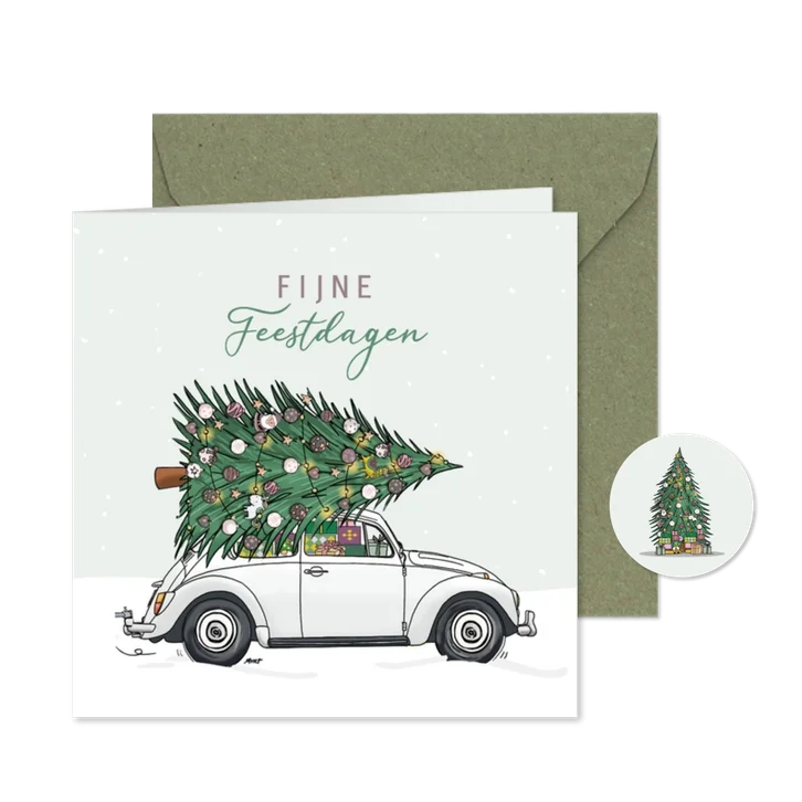 Kerstkaart retro volkswagen kever wit met kerstboom