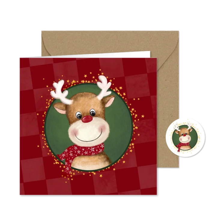 Kerstkaart rode blokken met rendier
