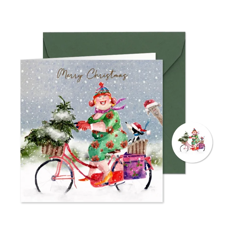 Kerstkaart rode fiets in de sneeuw