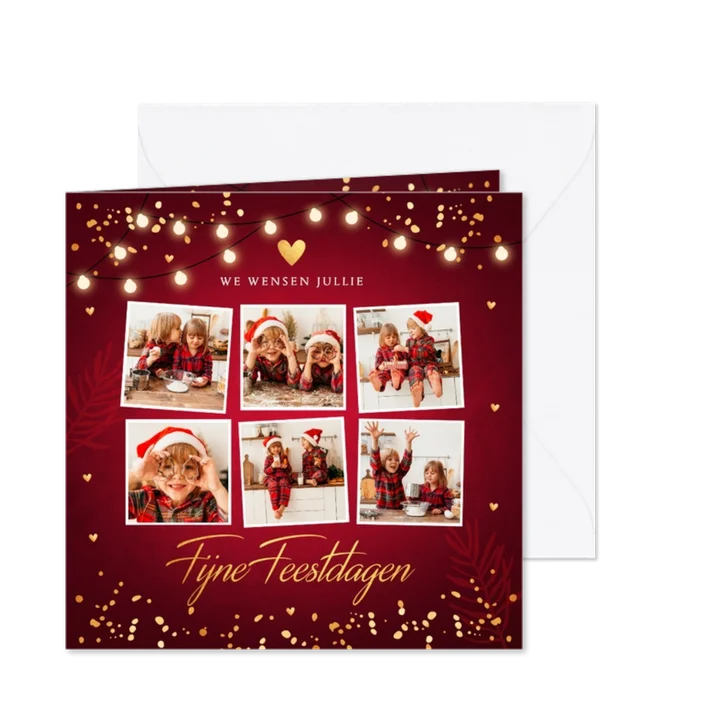 Kerstkaart rood fotocollage confetti goudlook