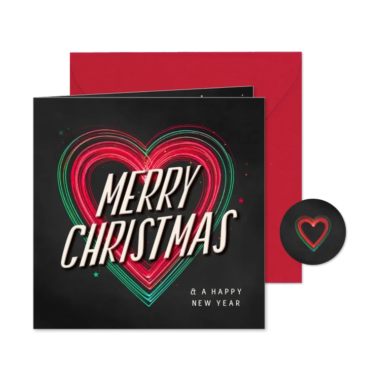 Kerstkaart rood met groen gloeiend hart merry christmas